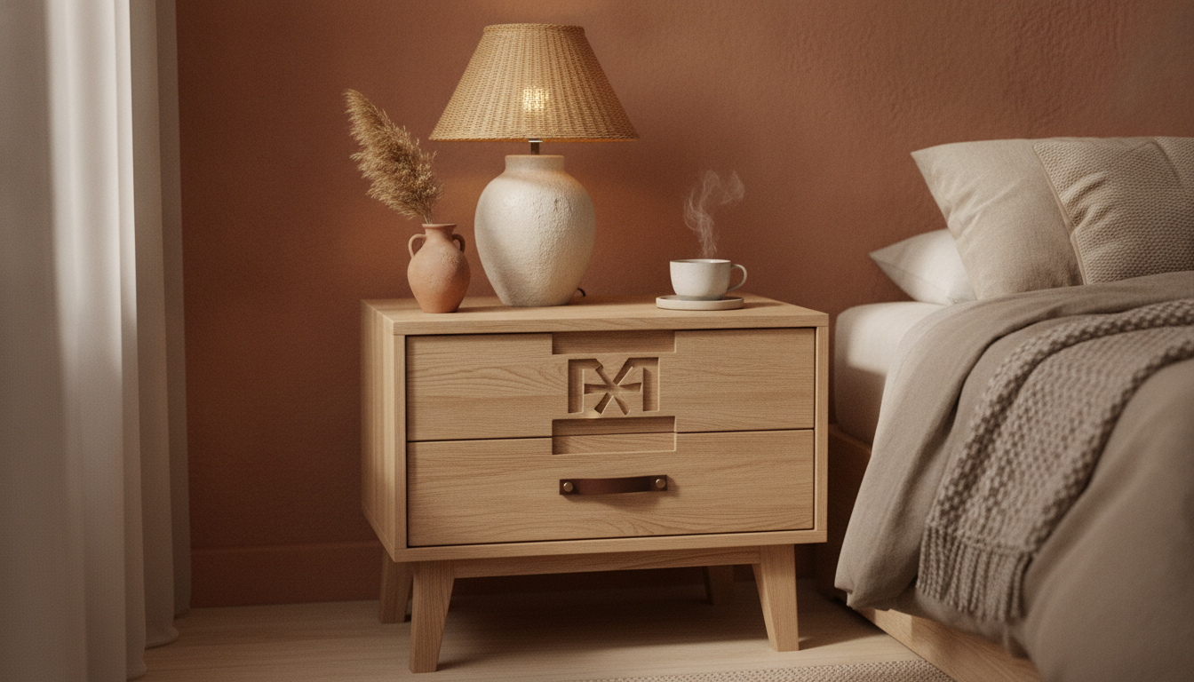 Moroccan Minimalist Wooden Nightstand: Warm Modern Style