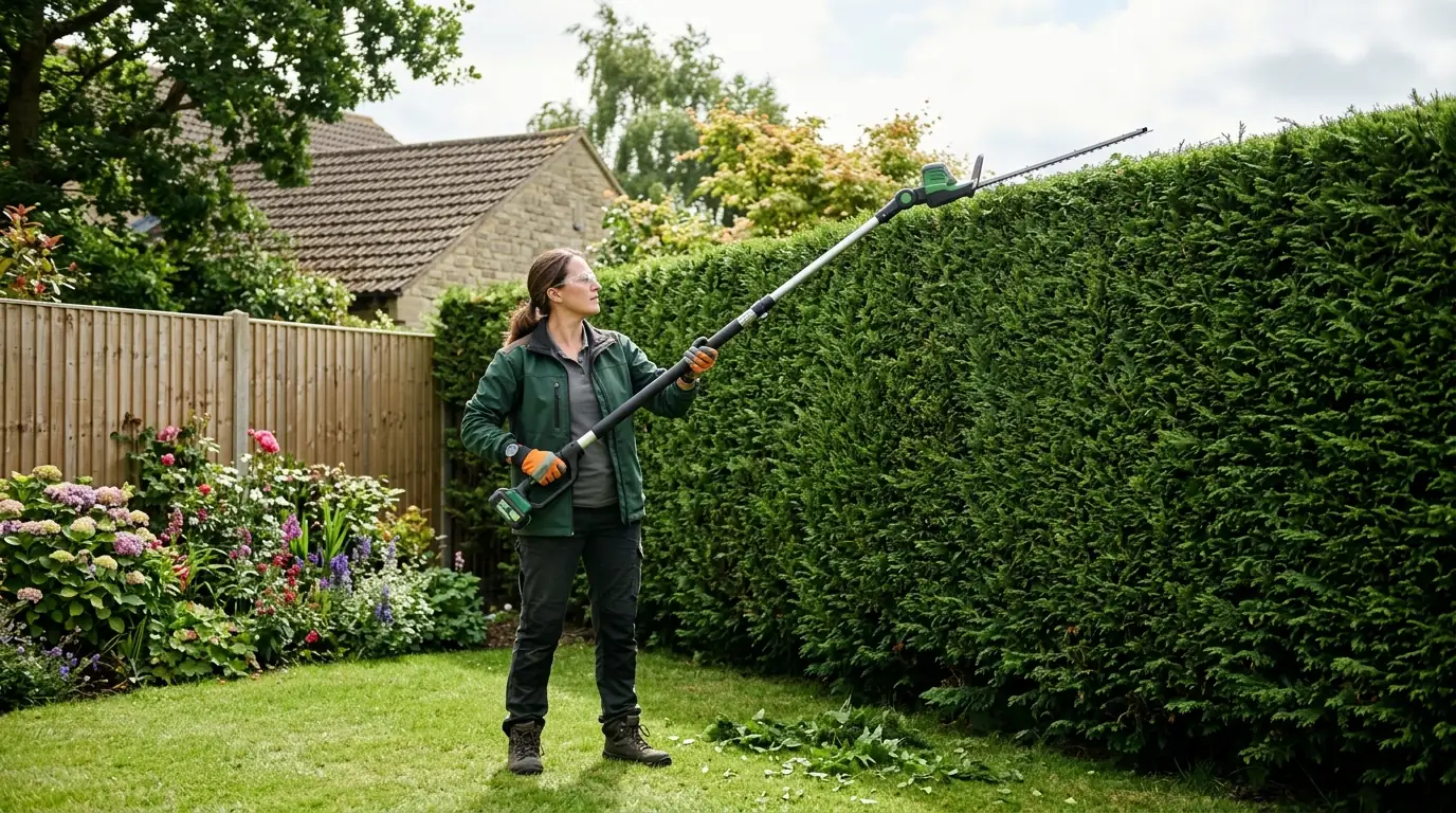 Cordless Pole Hedge Trimmer: 18in Blade, 74–94in Reach