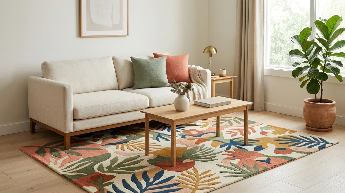 Style a Cute Abstract Tropical Jungle Rug Without Clutter